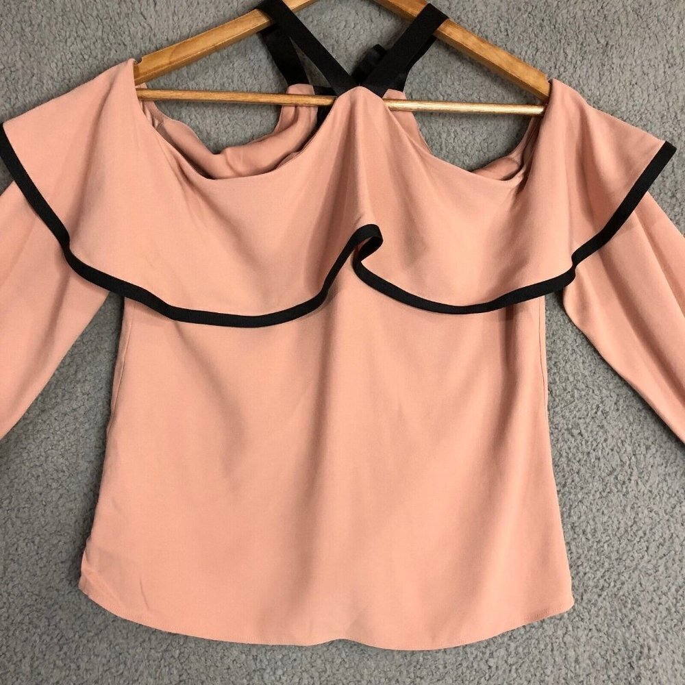 Alexis Malia Dusty Pink Cold Shoulder Choker Blouse Ribbon Tie XS‎ Designer - Picture 4 of 12